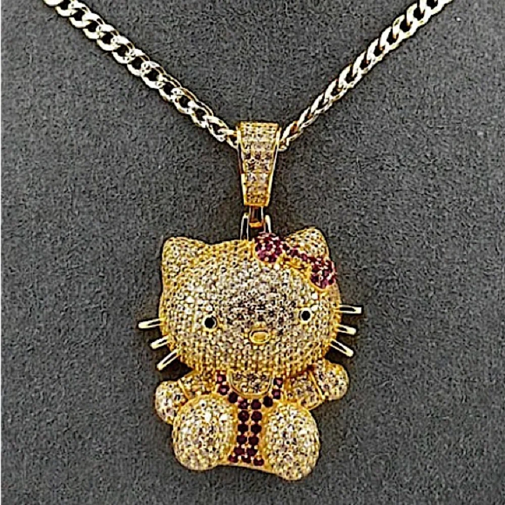 Gold Iced Out Hello Kitty Charm Pendant Necklace 3D Full Body - Picture 4 of 6